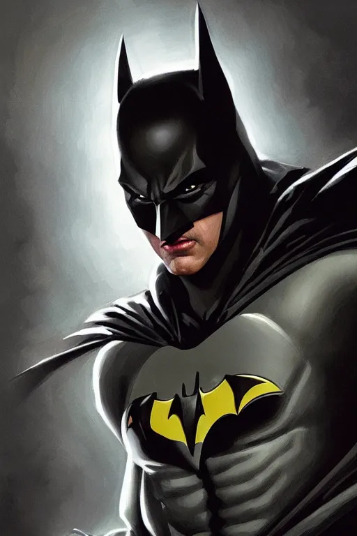 Prompt: Portrait of Michael Keaton as Batman, dark cinematic lighting, intricate, elegant, highly detailed, digital painting, artstation, painted by Artgerm and Mark Waid and Greg Rutkowski and Mandy Jurgens