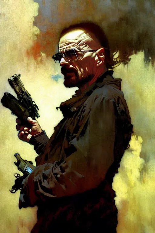 Image similar to walter white, painting by'phil hale '!!! gaston bussiere, craig mullins, greg rutkowski, alphonse mucha