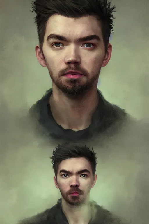 Image similar to a fancy portrait of the YouTuber jacksepticeye by Greg Rutkowski, Sung Choi, Mitchell Mohrhauser, Maciej Kuciara, Johnson Ting, Maxim Verehin, Peter Konig, 8k photorealistic, cinematic lighting, HD, high details, atmospheric,