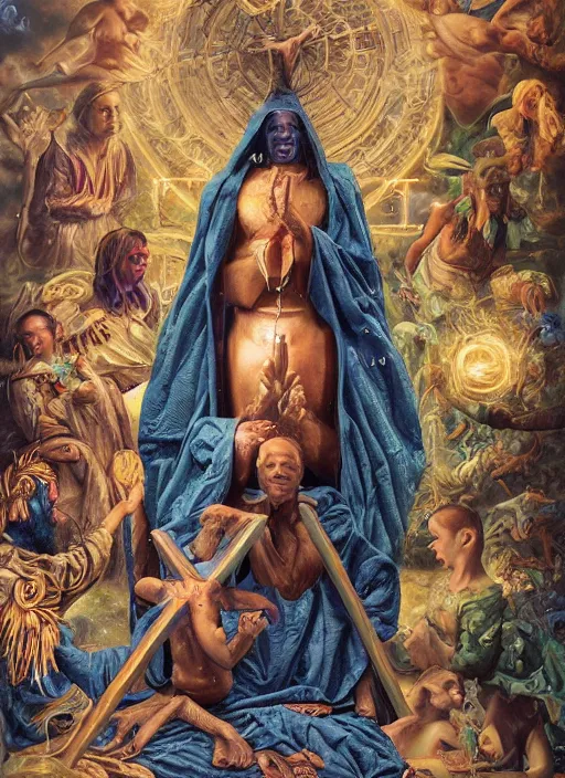 Image similar to transcendental adoration of the magi, occult rune symbolism epic surrealism 8k oil painting, portrait, perspective, high definition, post modernist layering, by Peter Kemp, Casey Weldon, Sean Yoro