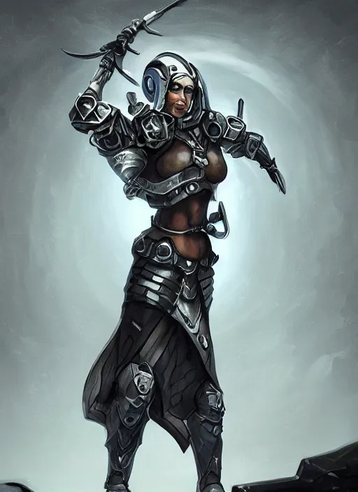 Image similar to of a hyper realistic proportional stylization portrait of a techpunkk war cleric in a futuristic pearl armor, dark gloomy environment two moons