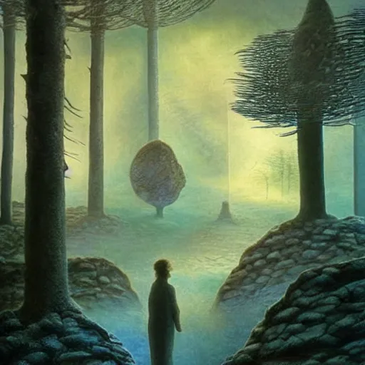 Image similar to artistic digital artwork of an epic natural scene on an alien planet. beautiful landscape by vincent bons, michael whelan and remedios varo. grainy and rough. interesting pastel colour palette. beautiful light. oil and water colour based on high quality render.