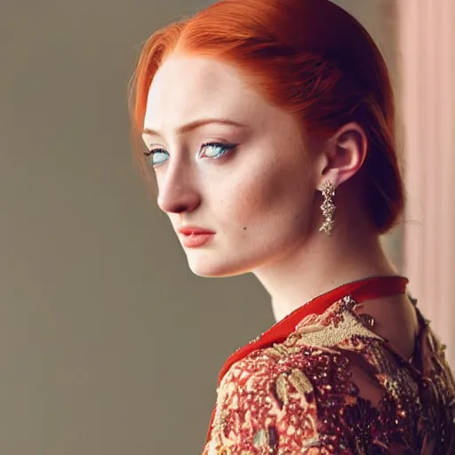 Image similar to 3 5 mm coloured film portrait of sophie turner wearing kebaya, hyperrealism, photorealistic, detailed, atmospheric, 8 k, award winning photography, cinematic