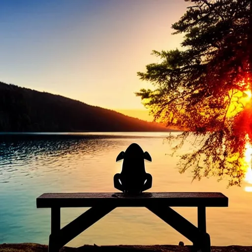 Image similar to frog sitting on a bench next to a lake in the mountains watching a beautiful sunset, photorealistic