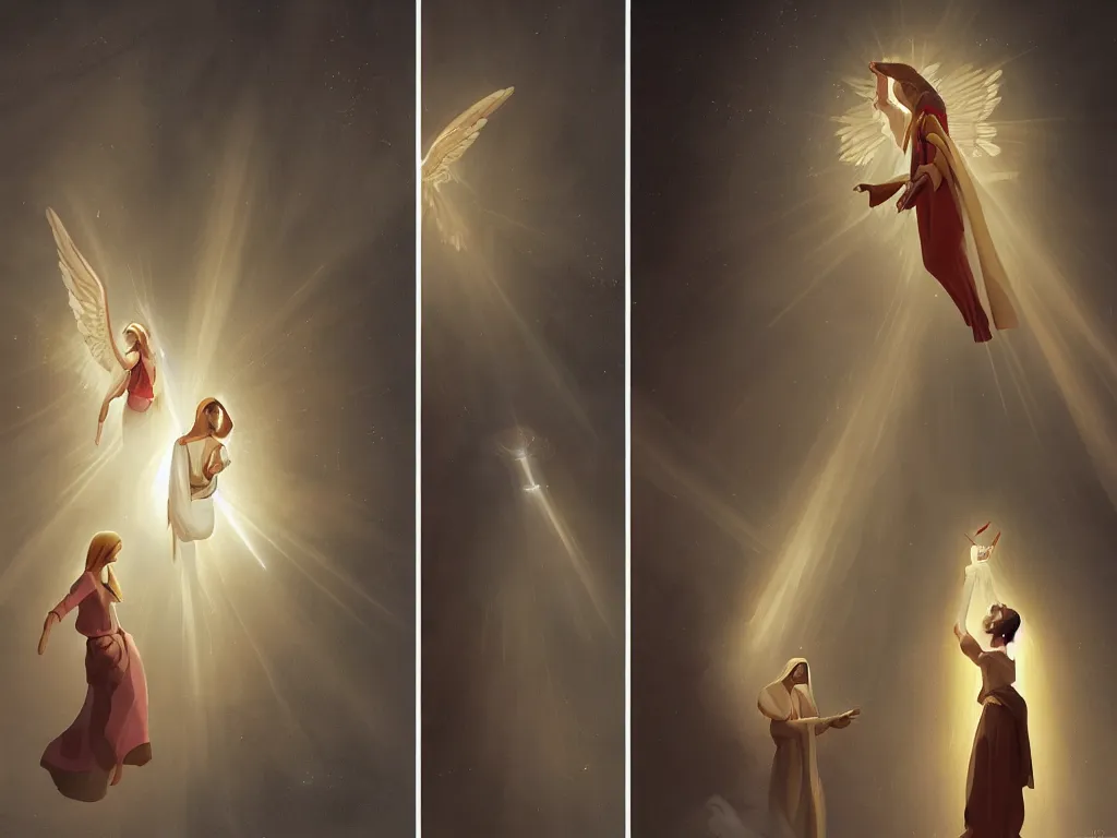 Prompt: the annunciation with mary on the left and archangel on the right, with a beam of light coming down from the top right towards mary on the left, by goro fujita, trending on artstation, 8k, highly detailed, digital graphic art