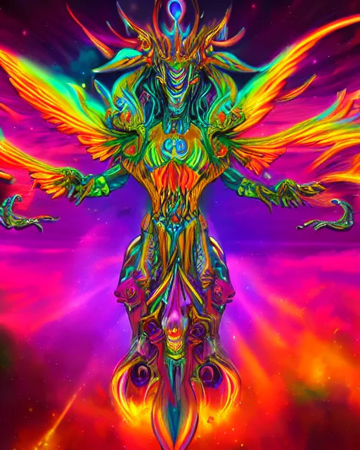 Image similar to psychedelic rainbow flamer of tzeentch, trending on artstation