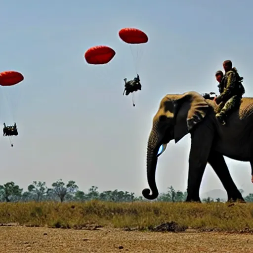 Image similar to photo of elephant paratroopers parachuting behind enemy lines