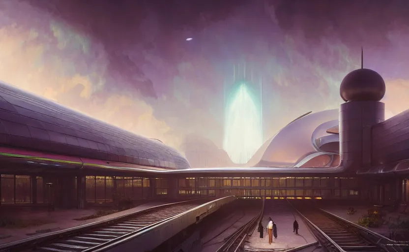 Image similar to exterior shot of utopian train station on the edge of the space with cinematic lighting by zaha hadid and renzo piano, darek zabrocki and greg ruthkowski, alphonse mucha, simon stalenhag, cinematic, holy place, paradise, scifi, futurism, atmospheric, dusk, concept art, artstation, trending on artstation