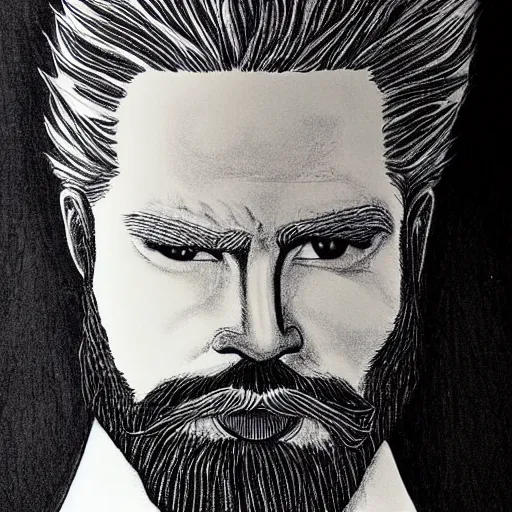 Image similar to black and white pen and ink!!!! Twin Peaks Black Lodge goetic vampire Colonel Sanders handsome beard golden!!!! Vagabond!!!! floating magic swordsman!!!! glides through a beautiful!!!!!!! liquid magic floral crystal battlefield dramatic esoteric!!!!!! pen and ink!!!!! illustrated in high detail!!!!!!!! by Moebius and Hiroya Oku!!!!!!!!! graphic novel published on 2049 award winning!!!! full body portrait!!!!! action exposition manga panel black and white Shonen Jump issue by David Lynch eraserhead and beautiful line art Hirohiko Araki!!