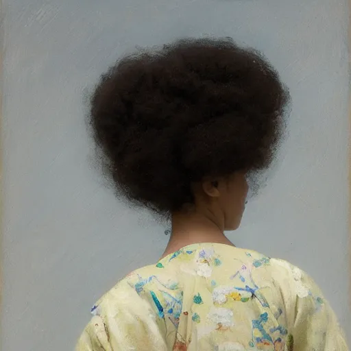 Image similar to girl with afro, in kimono, closeup portrait backview, low angle, jeremy lipking, tim rees, joseph todorovitch