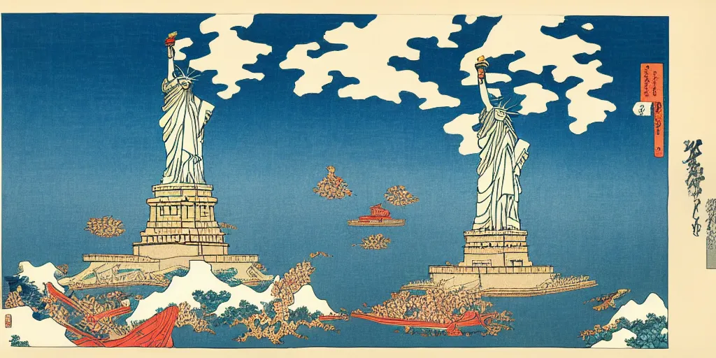 Prompt: i, Statue of liberty by Hokusai
