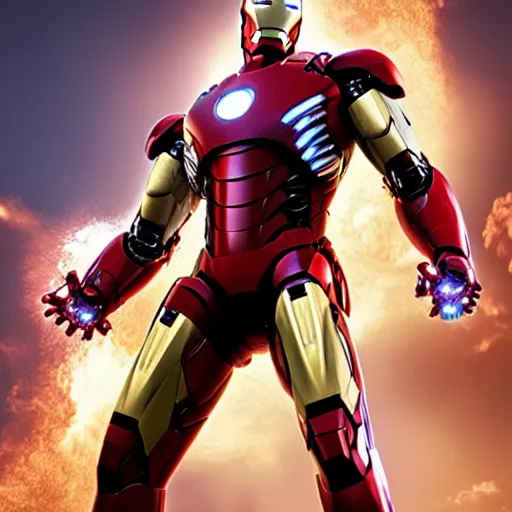 Image similar to iron man with a shotgun, 4k realistic photo