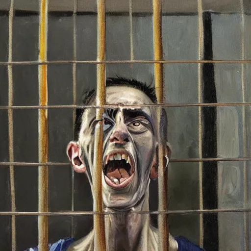 Prompt: skinny prisoner screaming holding prison bars, realism, oil painting