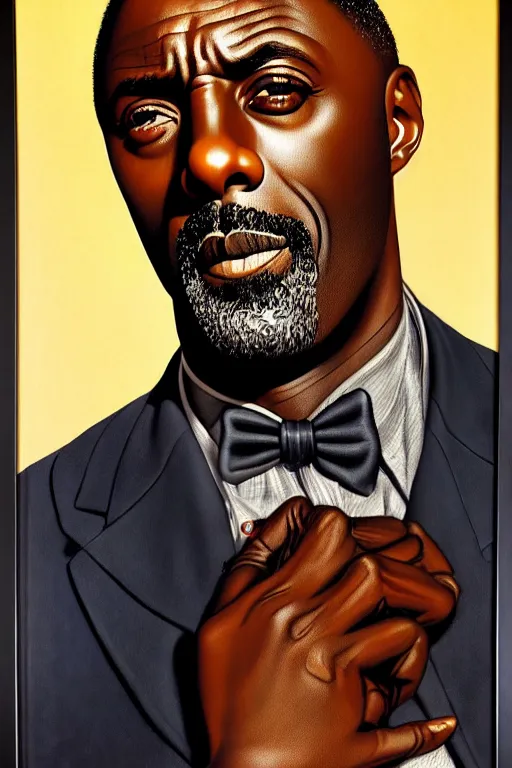 Image similar to idris elba portrait by gil elvgren and norman rockwell and rob gonsalves and hajime sorayama, hyperrealistic, high detail, ultra detailed, highly detailed face, ruffled fabric