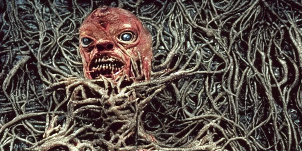 Prompt: filmic extreme wide shot dutch angle movie still 35mm film color photograph of a mutated shape shifting organism made of human internal organs, disgusting dissected human tissue with a variety of grotesquely strewn together human and animal limbs, in the style of a horror film The Thing 1982