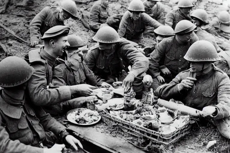 Prompt: old monochromatic photograph of spiderman sharing lunch with soldiers in a WW1 trench