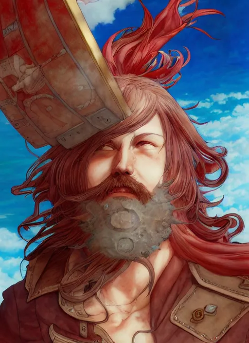 Image similar to prompt : ragnarok online portrait soft light painted by james jean and katsuhiro otomo and erik jones, inspired by akira anime, epic fantasy, a long red haired, red bearded male sky - pirate in front of an airship, intricate oil painting, high detail illustration, sharp high detail, manga and anime 1 9 9 9