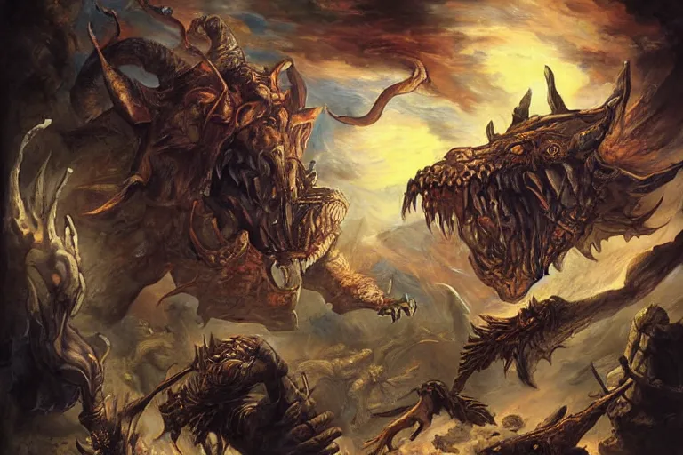 Prompt: Dungeons and Dragons monster by Pieter Paul Rubens and Alphonse Much, poster colors, dramatic lighting, hyper detailed, dramatic camera angle