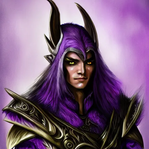 Image similar to Portrait of a seasoned muscular elven warrior in black and purple armour and wolf skin. In style of Hyung-tae Kim, concept art, trending on ArtStation, Korean MMORPG.