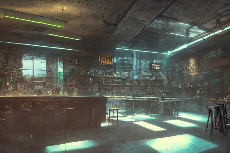 Image similar to Digital concept interior design in style of Hiromasa Ogura and Josan Gonzalez of cyberpunk tavern with stone walls and neon lights, a lot of electronics, many details. Natural white sunlight from the transperient roof. Rendered in VRAY and DaVinci Resolve and MAXWELL and LUMION 3D, Volumetric natural light