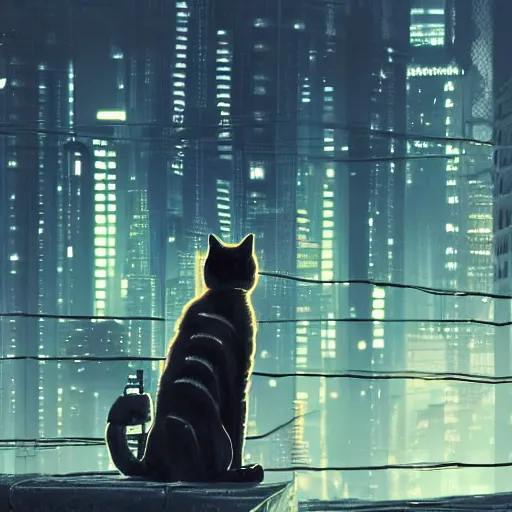 Prompt: cyberpunk cat sits in the city at twilight