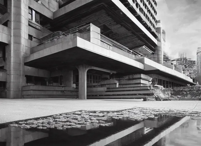 Image similar to a highly detailed brutalist frank lloyd wright building in the rocks, hyperrealism, highly detailed, intricate, cinematic, symmetrical and centered, front facing camera, sitting on a ground filled with puddles and reflections, cinematic, epic lighting, octane nvidia omniverse render in 4 k by syd meade and frederic church