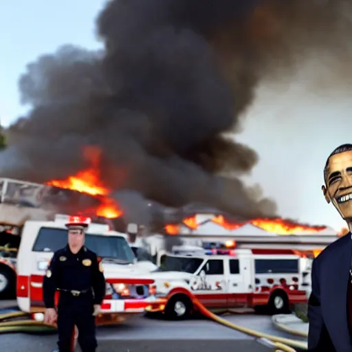 Image similar to a photo of a house burning down while surrounded by emergency vehicles in the background and barack obama with an eerie smile in the foreground, strong depth of field