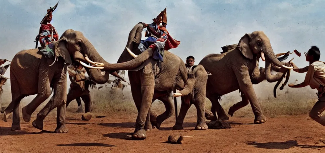 Prompt: the elephant duel of king naresuan of ayutthaya versus crown prince mingyi swa of burma in burmese - siamese war, warlords ride on the war elephants, a colorized photo, colorized, # film, movie still