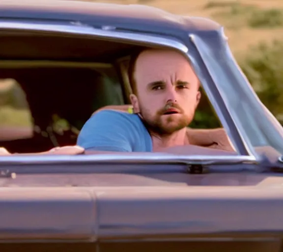 Prompt: extremely muscular Jesse Pinkman sitting in an El Camino car, close up, movie still, photorealistic, shot by Vince Gilligan