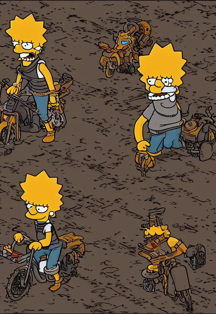 Prompt: Lisa Simpson Fury Road, borderlands screenshot high quality