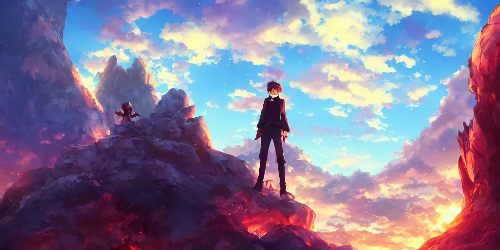Prompt: isekai masterpiece anime man standing tree log looking up at giant crystals, high noon, cinematic, very warm colors, intense shadows, ominous clouds, anime illustration, anime screenshot composite background by mandy jurgens, by irina french, by rachel walpole, by alyn spiller