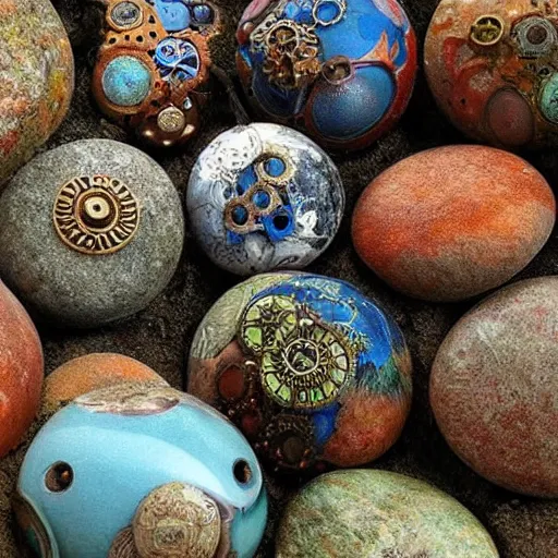 Prompt: steampunk rocks, ponds, filligree ornaments, floral ornaments, beksinski