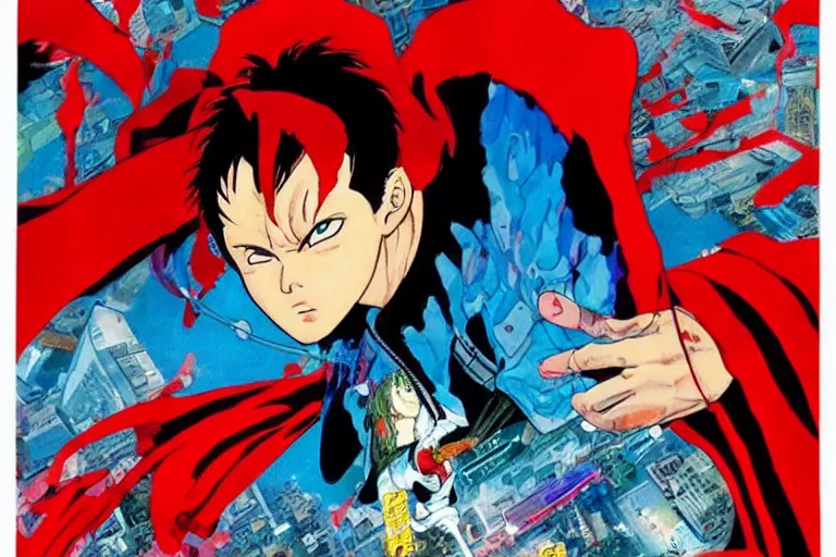 Prompt: Ariel view of Tetsuo wearing torn red cape with incredibly powerful right arm consuming Neo-Tokyo created by Hideaki Anno + Katsuhiro Otomo +Rumiko Takahashi, Movie poster style, box office hit, a masterpiece of storytelling, (Akira 1988) highly detailed 8k