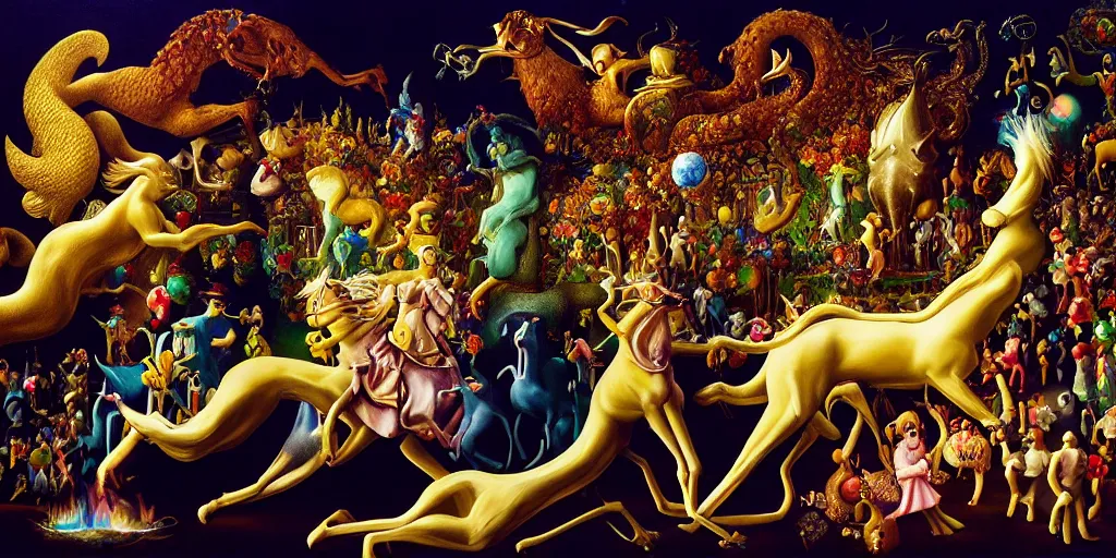 Image similar to the three imaginary fates pleasure dream adventure imaginary mythical animals love abstract oil painting by gottfried helnwein pablo amaringo raqib shaw zeiss lens sharp focus high contrast chiaroscuro gold complex intricate bejeweled