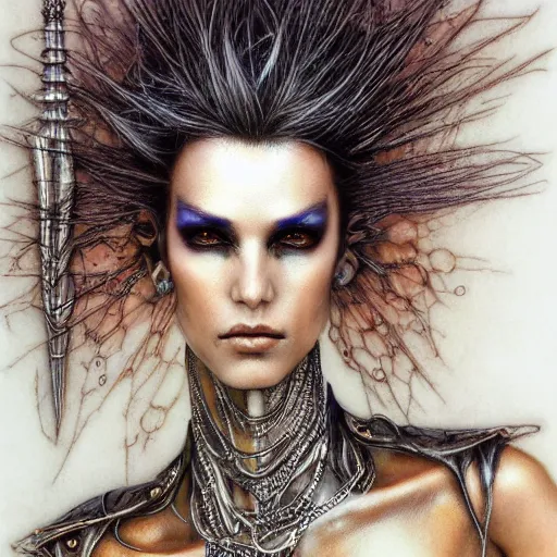 Image similar to an award finning closeup facial portrait by luis royo and john howe of a bohemian androgynous cyberpunk traveller clothed in excessively fashionable 8 0 s haute couture fashion and wearing ornate art nouveau body paint