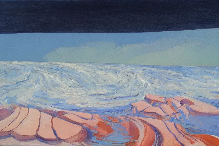 Image similar to Landscape painting. Organic. Winding rushing water. Waves. Clouds. Wayne Thiebaud