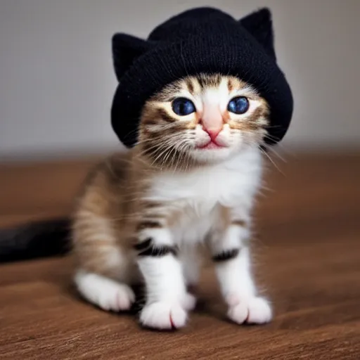 Image similar to small kitten wearing a beanie, cute, adorable, 4 k, detailed, coherent