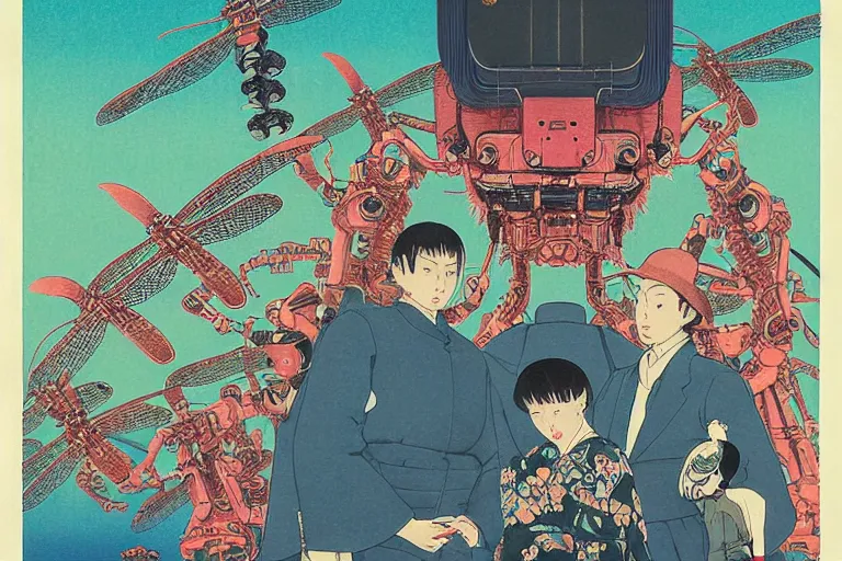 Image similar to gigantic dragonflies with human faces catch tiny robots, a lot of exotic mechas robots around, human heads everywhere, risograph by kawase hasui, dirtyrobot, edward hopper, satoshi kon and moebius, colorful flat surreal design, super - detailed, a lot of tiny details, fullshot