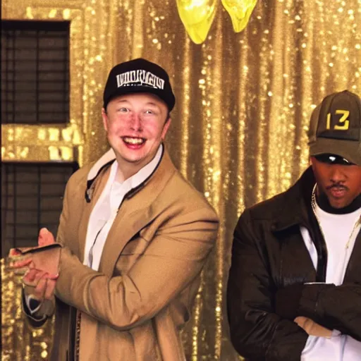 Prompt: elon musk and mark zuckerburg wearing gold chains on a 90s rap album cover. They wear hats backwards and elon throws money in the air.