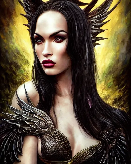 Prompt: very complex hyper-maximalist overdetailed cinematic tribal darkfantasy closeup portrait of a malignant beautiful young dragon queen megan fox with long black hair and wings, Magic the gathering, pale skin and dark eyes,flirting confident seductive, gothic, vibrant high contrast, by andrei riabovitchev, tomasz alen kopera,moleksandra shchaslyva, peter mohrbacher, Omnious intricate, octane, moebius, arney freytag, Fashion photo shoot, glamorous pose, trending on ArtStation, dramatic lighting, Diesel punk, mist, ambient occlusion, volumetric lighting, Lord of the rings, BioShock, glamorous, emotional, tattoos,shot in the photo studio,Deviant-art, hyper detailed illustration, 8k