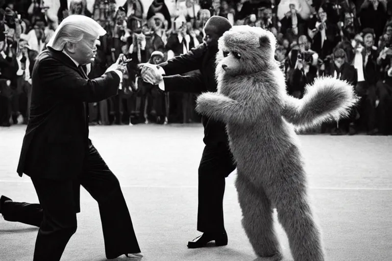 Image similar to “Barack Obama and Donald Trump fighting in fur suits at a furry convention, ultra realistic, highly detailed, award winning photo, ambient lighting”