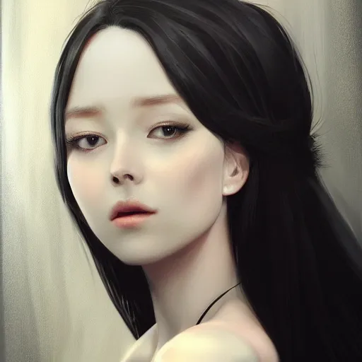 Image similar to a beautiful and elegant queen by wlop, black hair, closeup headshot, 8 k, high detailed, style of ghost blade, ultra - realistic painting, trending on artstation, cg rendering.