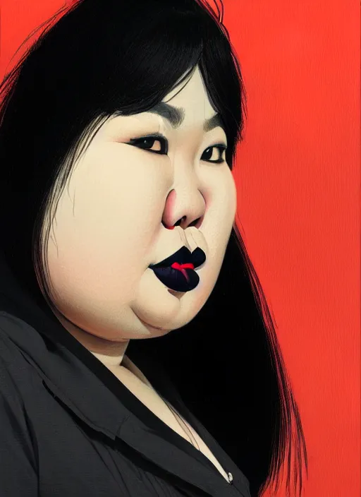 Image similar to portrait of a plump thai woman with a crooked nose and a confident expression, 1 9 6 0 s, black clothes, goth, punk, brightly coloured hair, funk, intricate, elegant, highly detailed, digital painting, artstation, concept art, smooth, sharp focus, illustration, art by wlop, mars ravelo and greg rutkowski