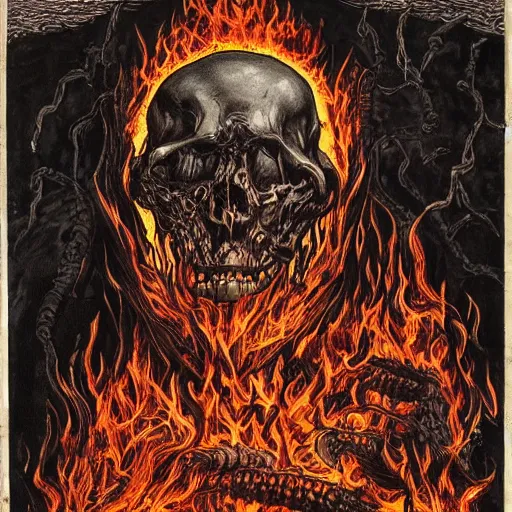 Image similar to the grim ripper contemplating his work after harvesting the soul of the living. fire all around. realistic, high detail
