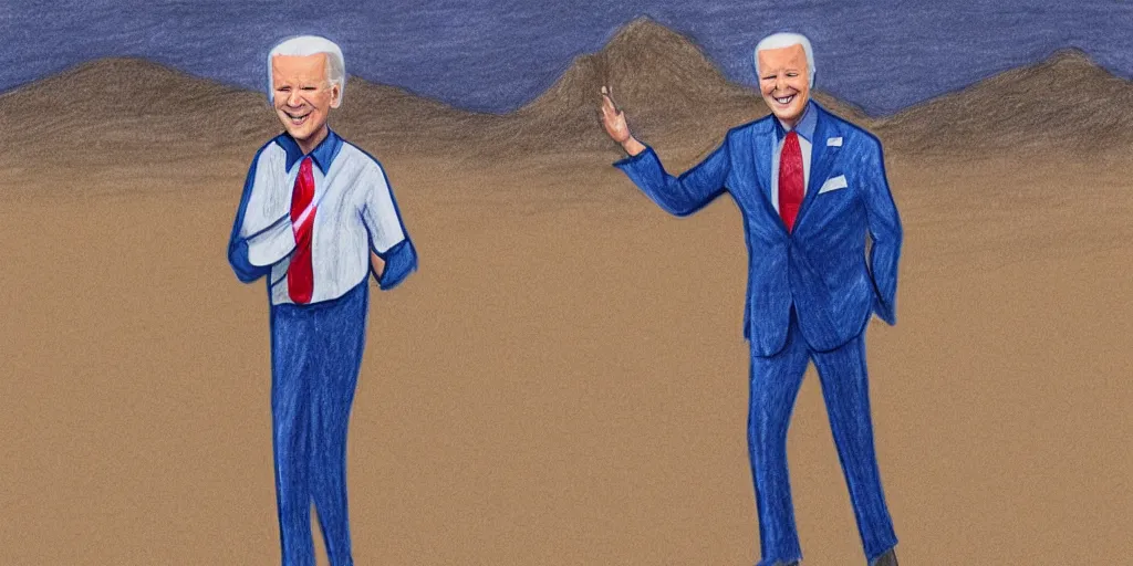 Image similar to drawing of Joe Biden , dressed in an alien costume , walking in the desert