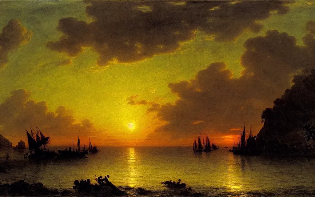 Prompt: a beautiful sunset view of a tropical seascape, magical, stunning, art by caspar david friedrich and asher brown durand and peder balke, intricate details, trending on artstationhq and wikiart