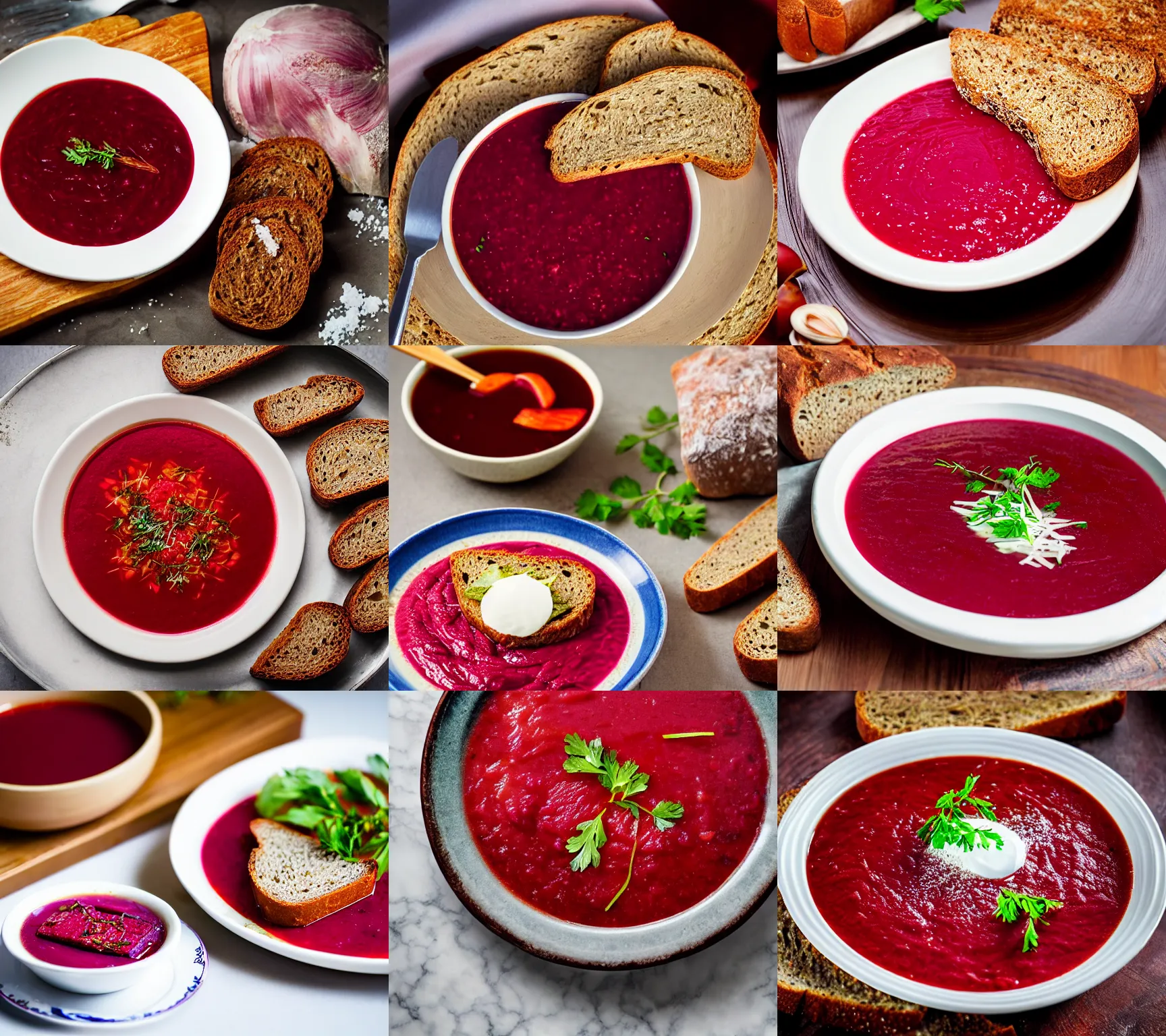 Prompt: khokhloma plate of borscht, brown bread with sliced salo, salt, hyper realistic, foodphoto, extremely detailed, photorealism, garlic on background, side view, bokeh, epic lightning, yamy, sigma 8 5 mm f 1. 5!!