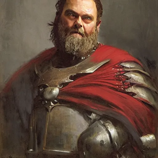 Image similar to Solomon Joseph Solomon and Richard Schmid and Jeremy Lipking victorian genre painting portrait painting of a old rugged movie actor medieval knight character in fantasy costume, red background