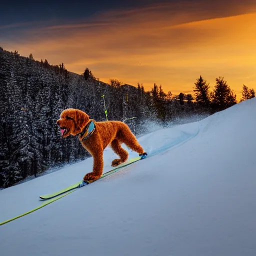 Prompt: Photograph of a golden labradoodle puppy skiing down a black run, sunset