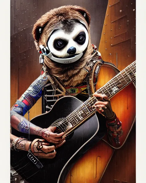 Image similar to a portrait of an anthropomorphic cyberpunk sloth strumming a 1 2 string acoustic guitar by sandra chevrier, by jon foster, detailed render, tape deck, epic composition, cybernetics, 4 k realistic, cryengine, realistic shaded lighting, sharp focus, masterpiece, by enki bilal